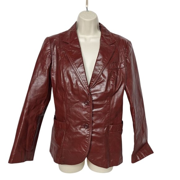 Vintage JCPenney Burgundy Leather Blazer Jacket Size 14 Genuine Leather 90s Boho - Picture 2 of 5